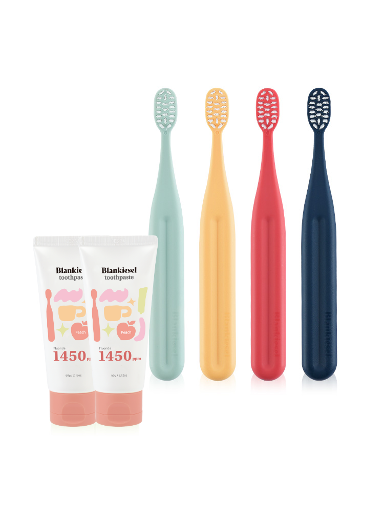 블랑키즐 고불소 아기 유아 어린이 치약 칫솔 2단계 세트 (샤인머스캣 치약 2개 + 칫솔 2단계 4개) - 상품 이미지