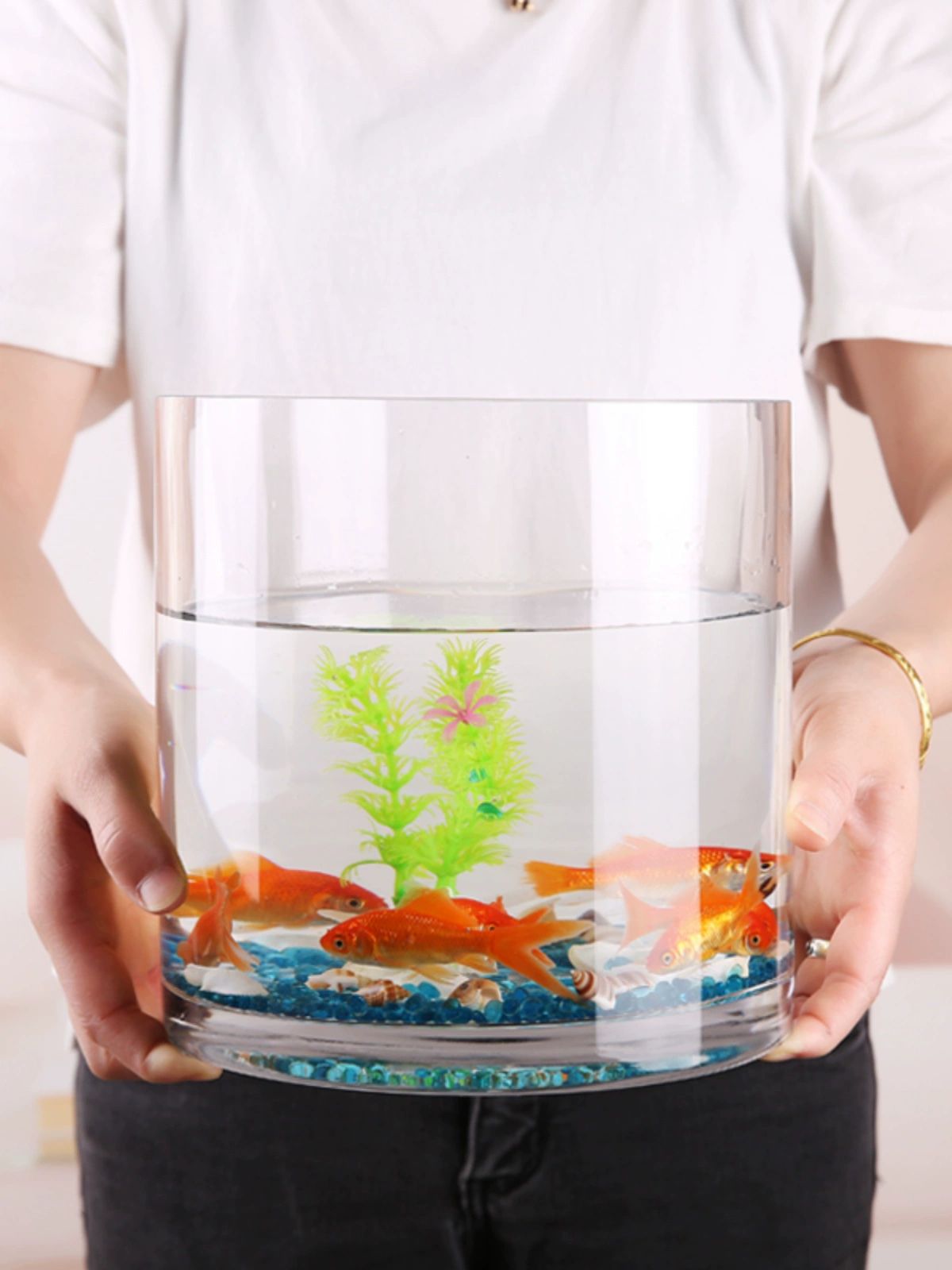 둥근 유리 어항 소형 금붕어 물고기 수족관 투명 입구 25CM 20CM 2세대업그레이드 잔디 - 상세 이미지 5