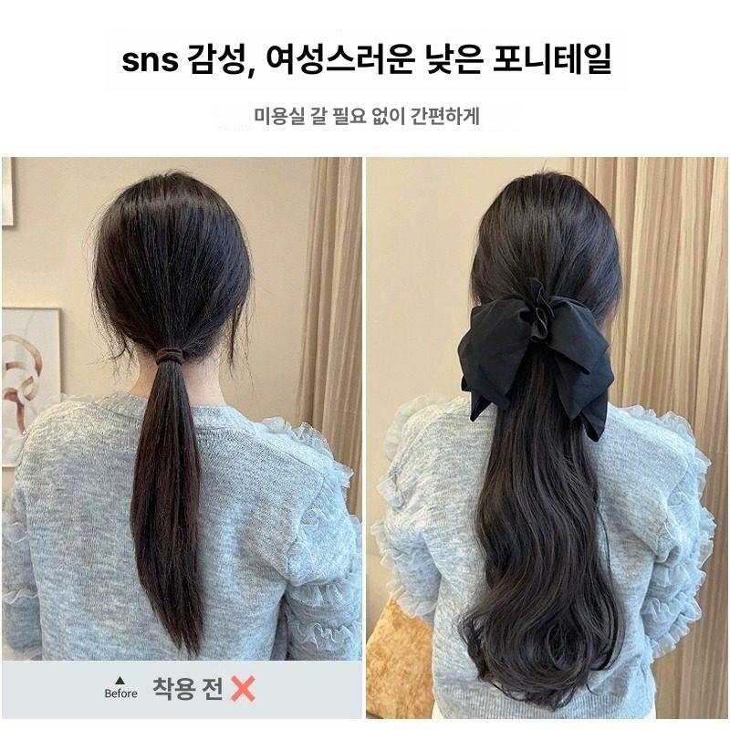 리본 핀 가발 집게 롱 웨이브 포니테일 블랙 쉬어 포니테일 - 내추럴 블랙 - 상세 이미지 4