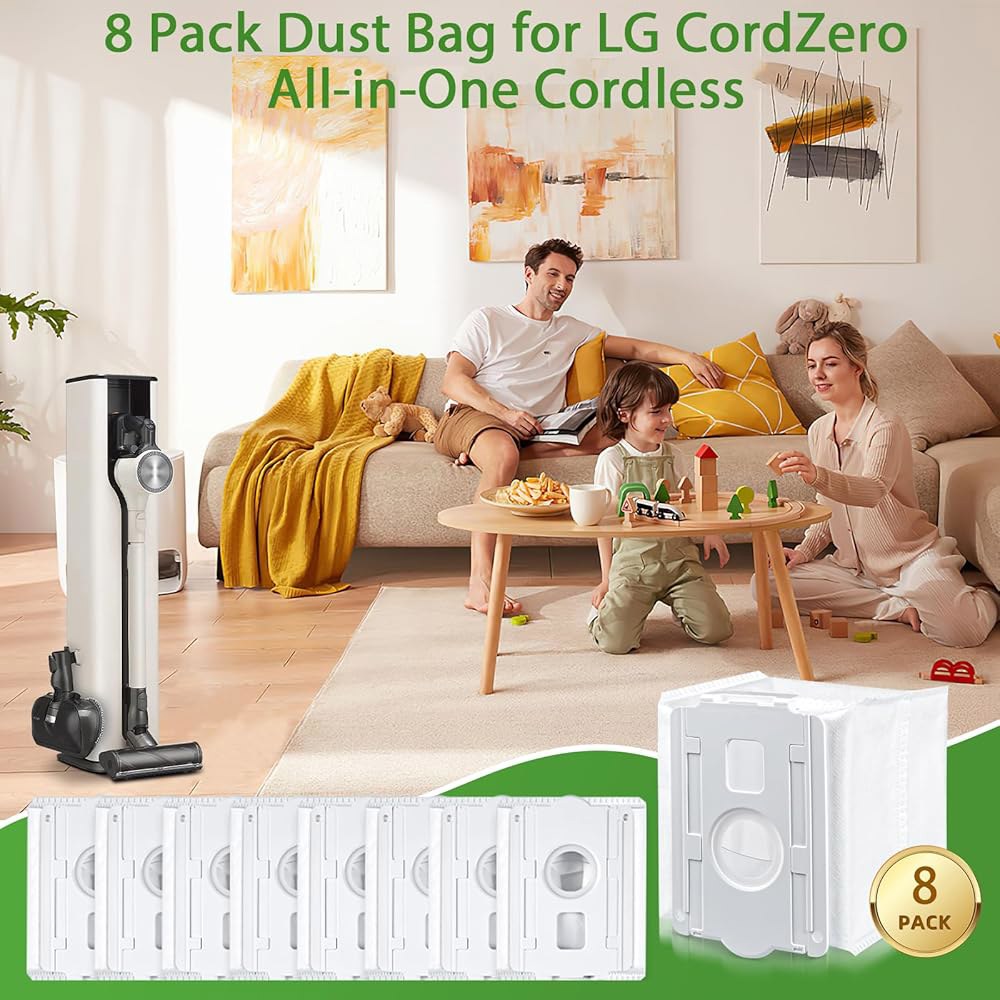 LG 코드제로 올인원 무선 청소기 A939KBGS, A938KBGS, A937KGMS 및 A949KTMS용 진공 먼지 봉투 8팩, 타워와 호환되는 처리 교체 - 상세 이미지 3