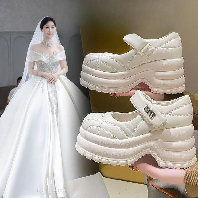 웨딩슈즈 통굽 키작녀 파티 슬리퍼 라이트 진주 신발 스트랩 웨딩 플랫폼 본식 키높이 킬힐 - 상품 이미지