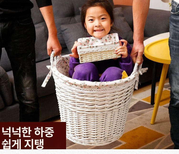 원형 라탄 빨래 수납정리함 왕골 바구니 햄퍼 바스켓 화이트 린넨 소형 로즈 라이너 중형 입구 36cm 높이 38cm - 상세 이미지 4
