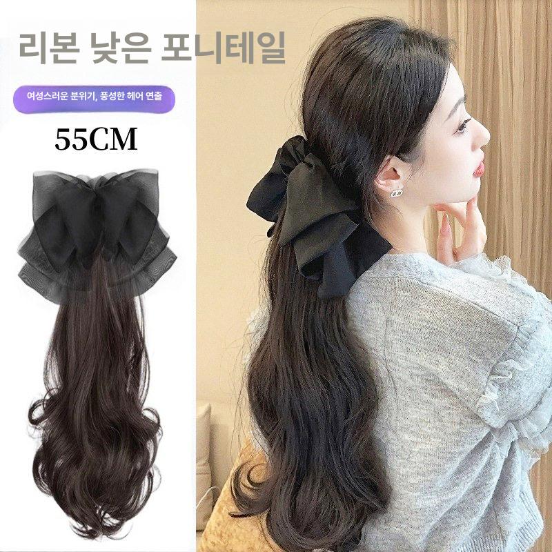 리본 핀 가발 집게 롱 웨이브 포니테일 블랙 쉬어 포니테일 - 내추럴 블랙 - 상세 이미지 2
