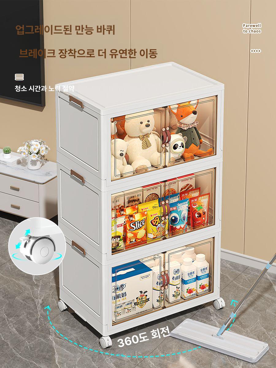 이동식 리빙 수납장 두꺼운 폴딩박스 넓이 양문 45cm [투명 패널 - 수납장] 3단 1뚜껑 3박스 초대형 [70x45.5x37cm] - 상세 이미지 3