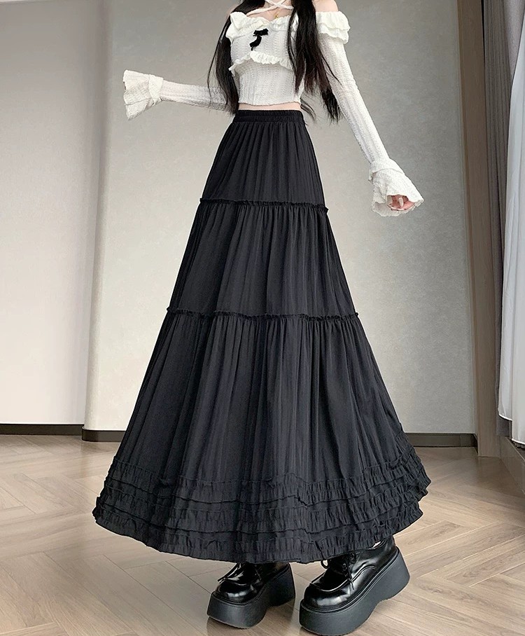 프릴 3단 캉캉 롱스커트 폴리에스테르 바스락원단 체형커버 여리핏 시원한 롱스커트 이미지 7