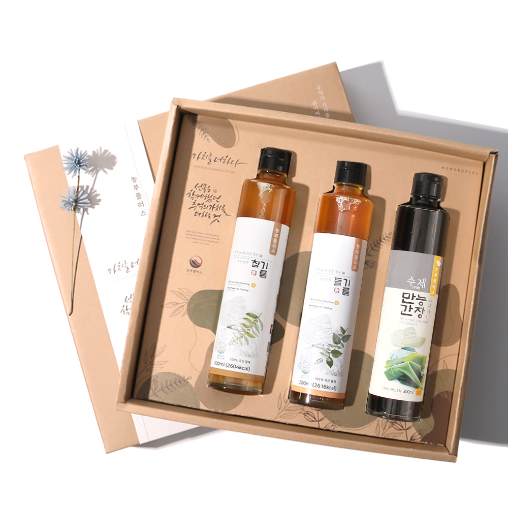 다시마간장 국산 저온압착참기름 저온압착들기름  300ml 3병선물세트 농부플러스 - 상품 이미지
