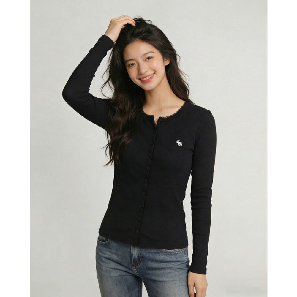 아베크롬비 여자 슬림핏 골지 라운드 가디건 버튼업 긴팔 티셔츠 데일리룩