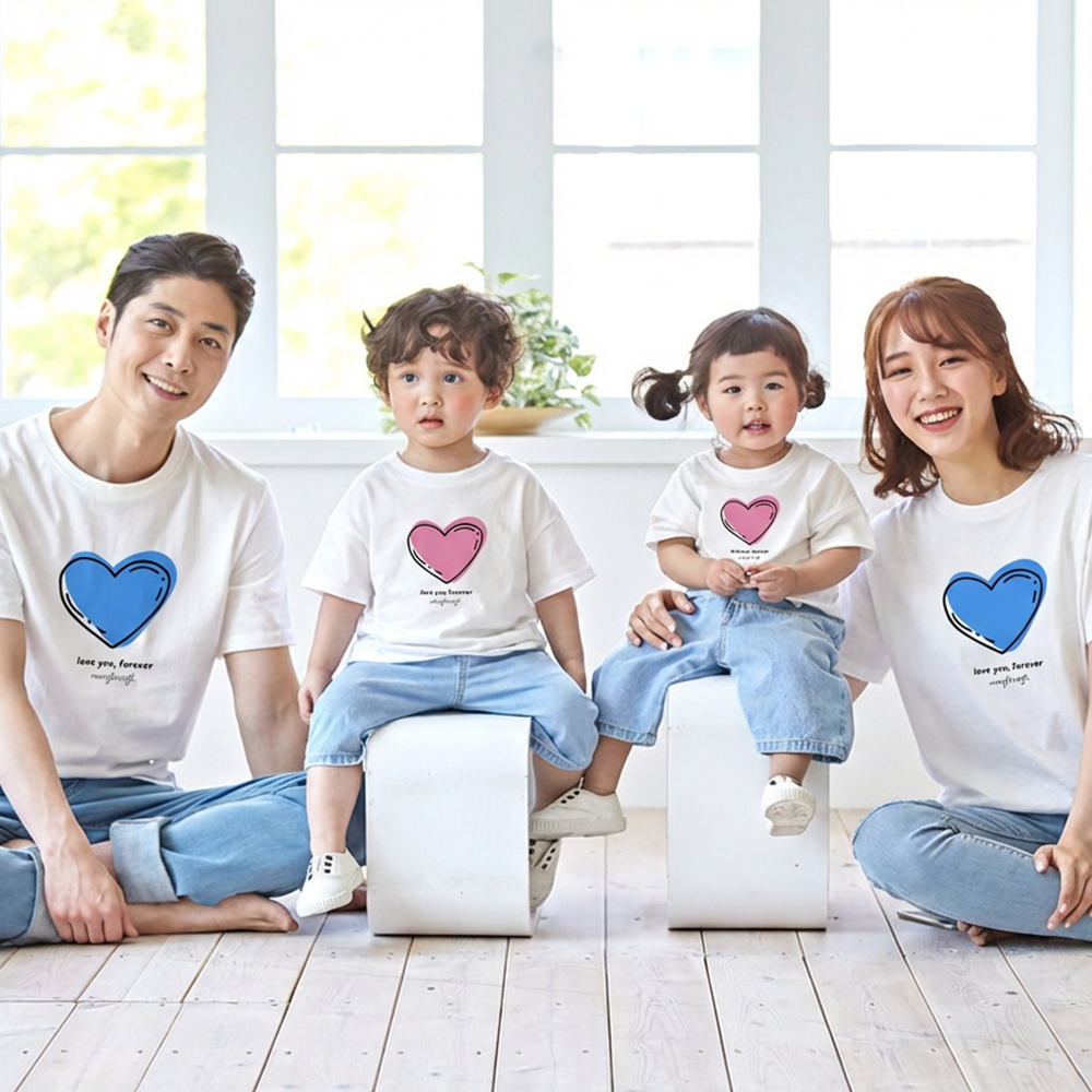 몽피마피 풍선하트 가족티 패밀리룩 돌촬영 여행 사진의상 반팔 맨투맨 - 상세 이미지 3