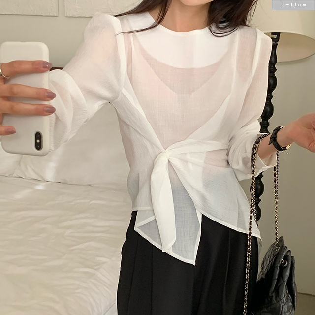 머치 사선 랩 언발 링클 블라우스 2col 봄 여름 꼬임 매듭 유니크 시스루 제이플로우 - 상세 이미지 2
