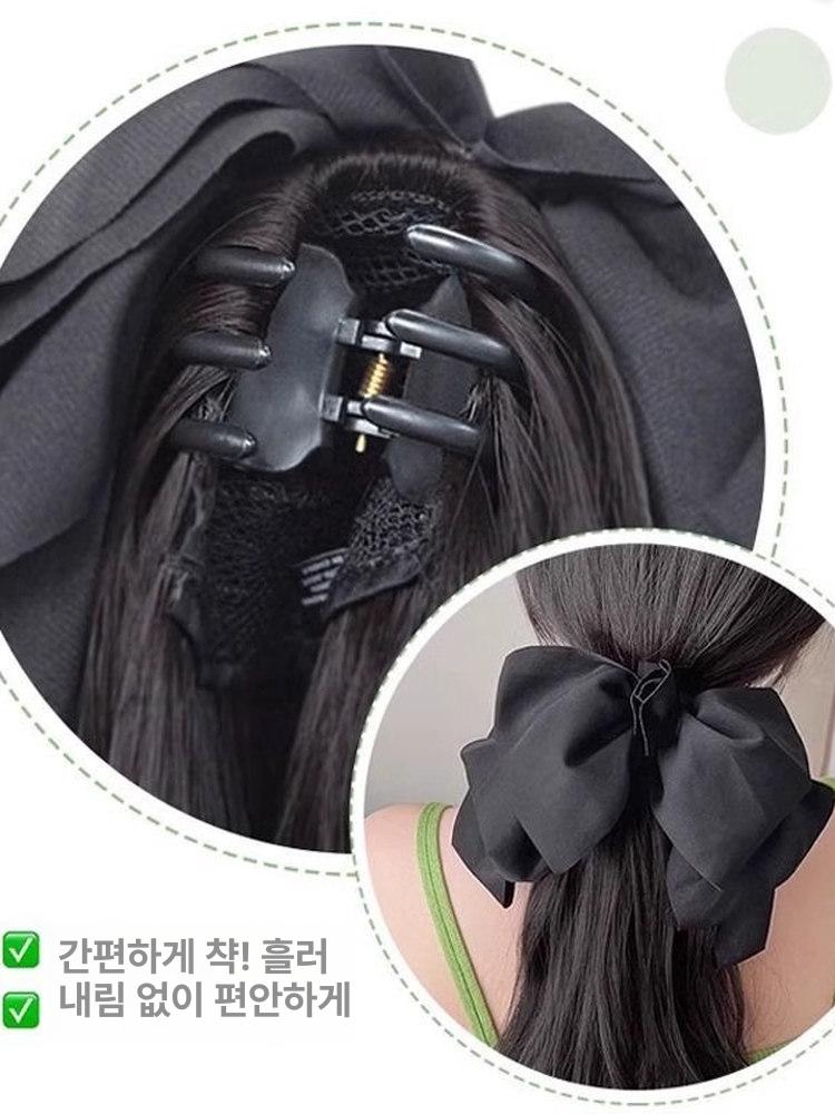 리본 핀 가발 포니테일 웨이브 집게 부분 내추럴블랙 블랙 보우 - 상세 이미지 4