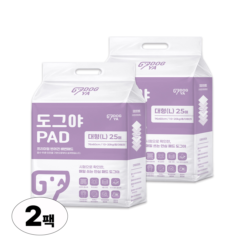 도그야 프리미엄 강아지 배변패드 고흡수 탈취 논슬립 애견용 반려견 대형, 25매입, 2개 - 상품 이미지