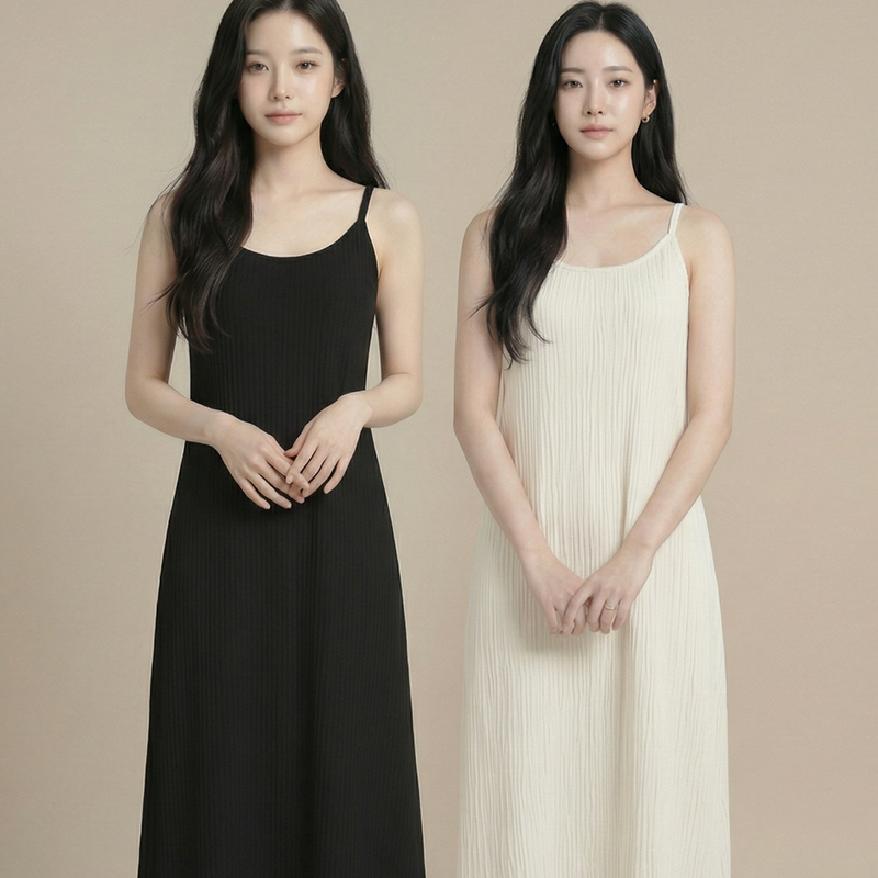 1+1 하객룩 플리츠 주름 원피스 반팔 민소매 롱원피스 A라인 데일리룩 - 상세 이미지 2