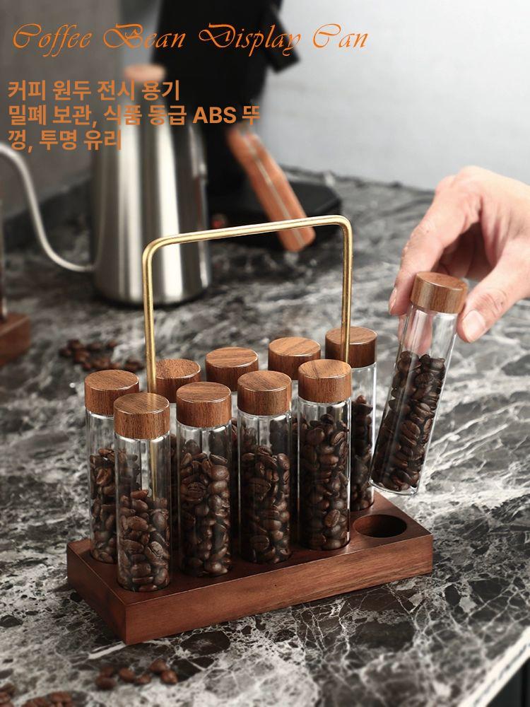 커피 원두 소분 뚜껑 보관용기 우드 밀폐용기 플라스틱 깔때기 포함 10구 받침대 10개 - 상세 이미지 2