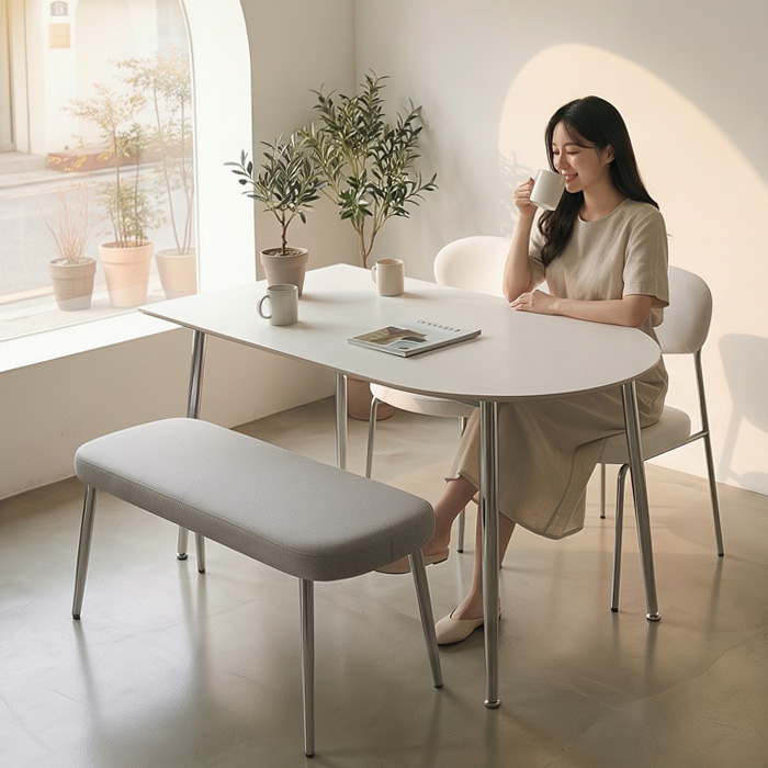 로벤 2인용 포세린 세라믹 식탁 세트 카페 반타원 800 식탁+의자2개