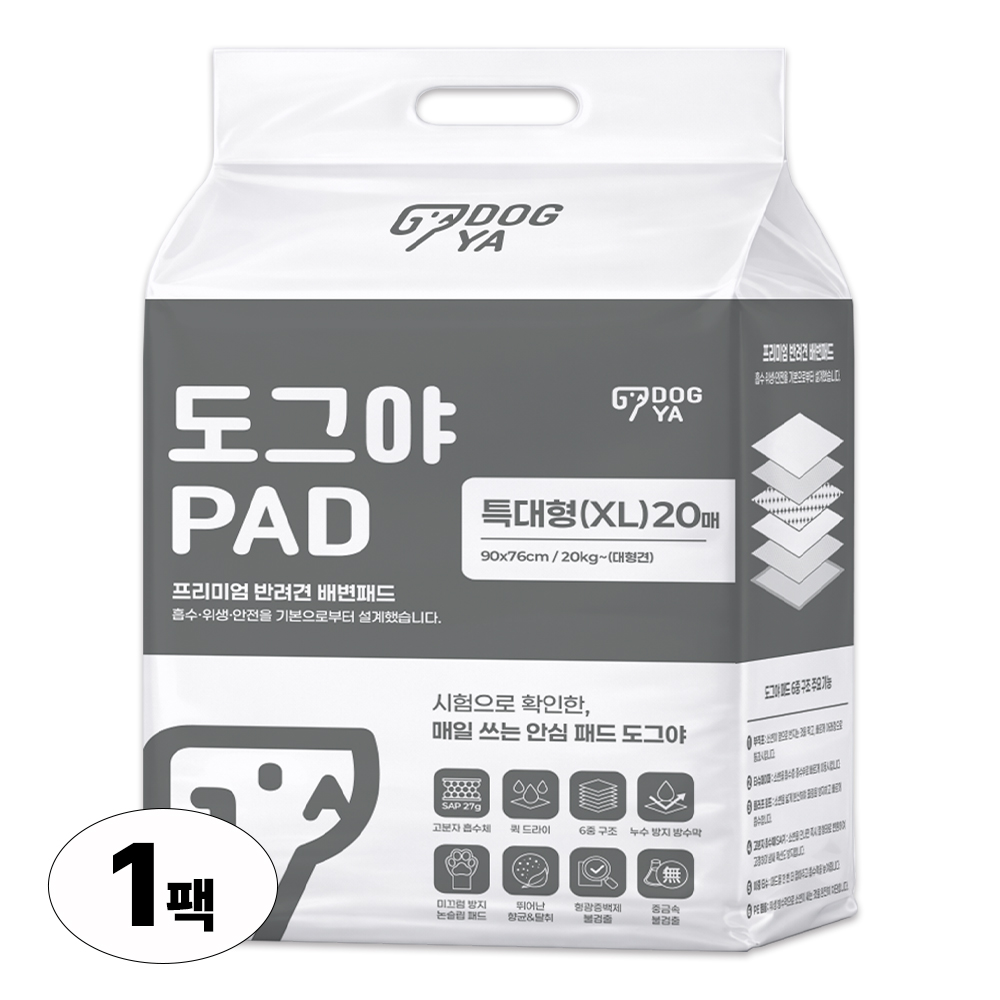 도그야 프리미엄 강아지 배변패드 고흡수 탈취 논슬립 애견용 반려견 특대형, 20매입, 1개 - 상품 이미지