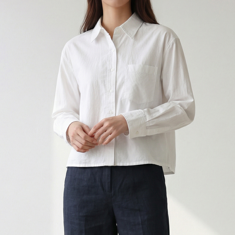 여성 셔츠 옥스포드 크롭 카라 무지 포켓 화이트 네이비 남방 - 상품 이미지