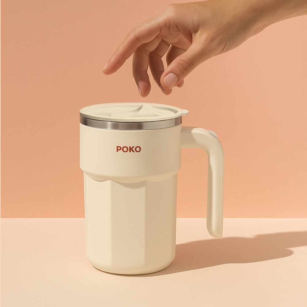POKO 전동 손잡이 머그컵 자동회전 스텐 텀블러 크림 - 상품 이미지