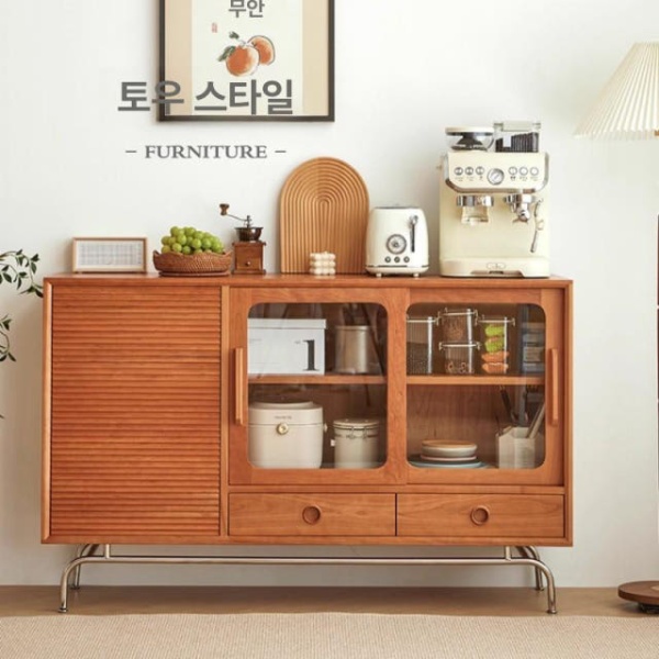 프리미엄 파인우드 원목 주방 그릇장 홈카페 찬장 캐비닛 서랍 120cm 레인보우 양문 120cm 파인우드 레인보우 양문 - 상세 이미지 4