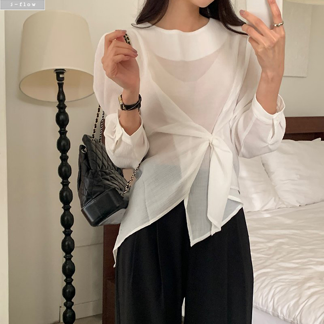 머치 사선 랩 언발 링클 블라우스 2col 봄 여름 꼬임 매듭 유니크 시스루 제이플로우 이미지 7