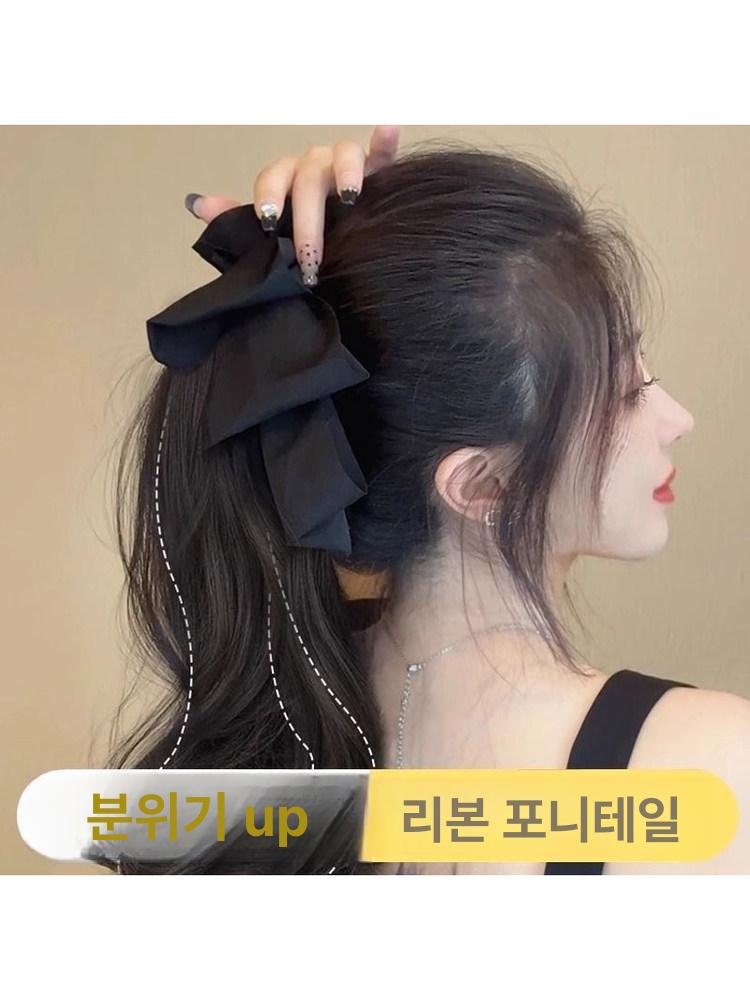 리본 핀 가발 포니테일 웨이브 집게 부분 내추럴블랙 블랙 보우 - 상세 이미지 5
