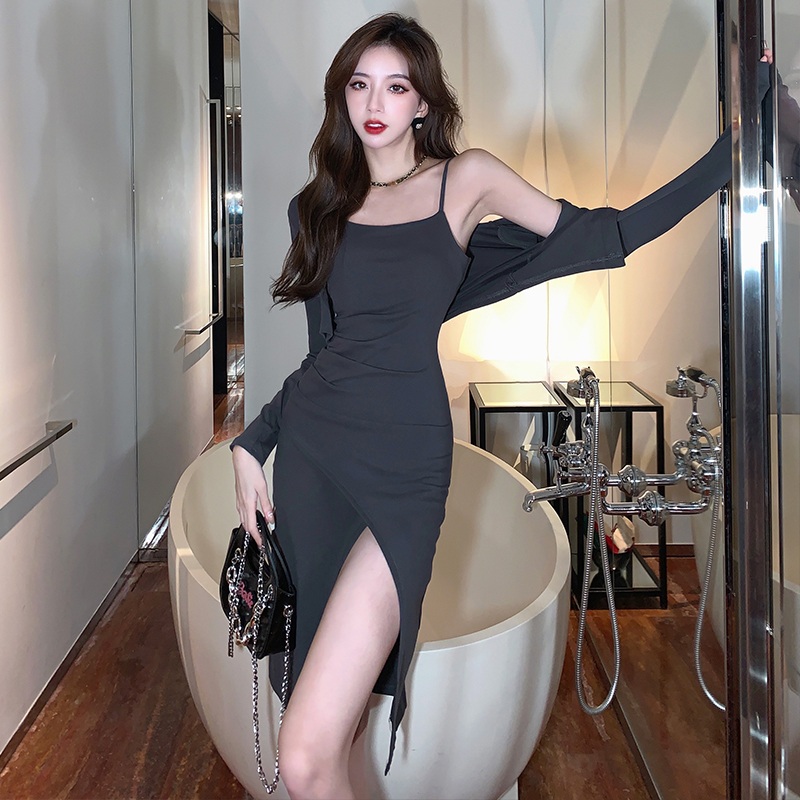 여성 봄 슬림핏 나시원피스 가디건 투피스 트임 미디원피스 데이트룩 하객룩 세트 - 상세 이미지 4