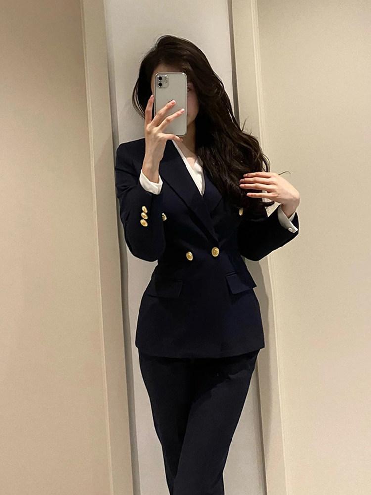 여성 신상 고급 블랙 슬림핏 정장 면접 여대생 오피스 다크네이비 S - 상품 이미지