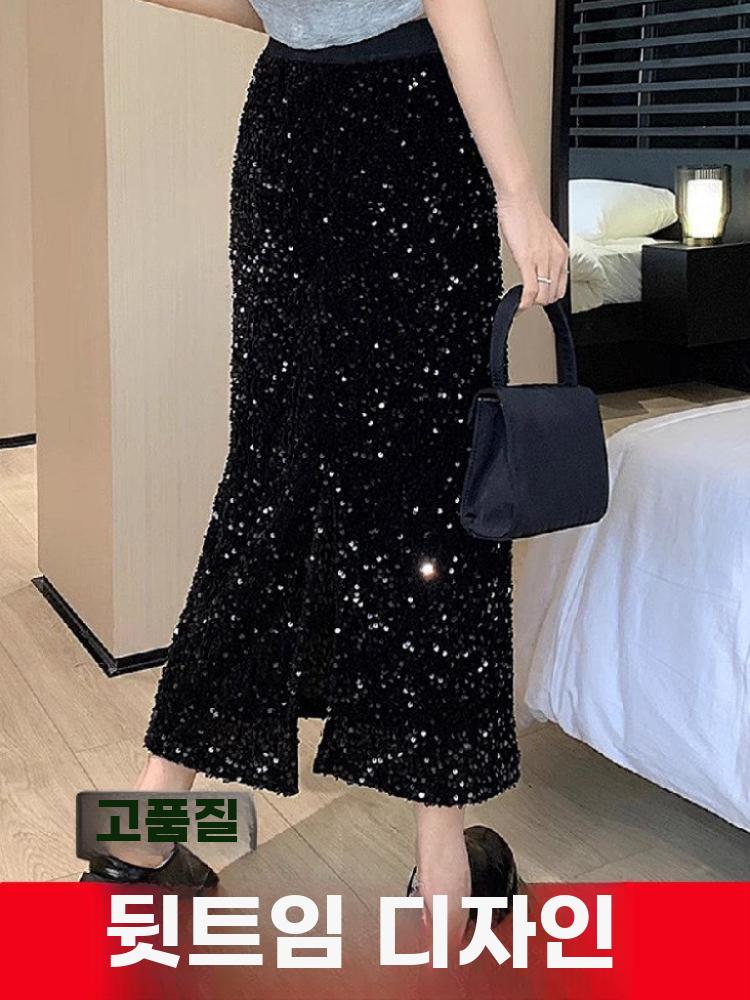 스팽글 롱스커트 반짝이 치마 벨벳 블랙 롱 스커트 검은 색 M - 상세 이미지 4