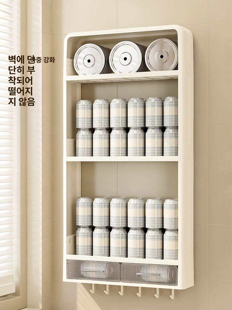 주방 벽선반 조미료 수납함 정리 상부장 벽걸이 서랍 6개 후크 2단 - 상세 이미지 4