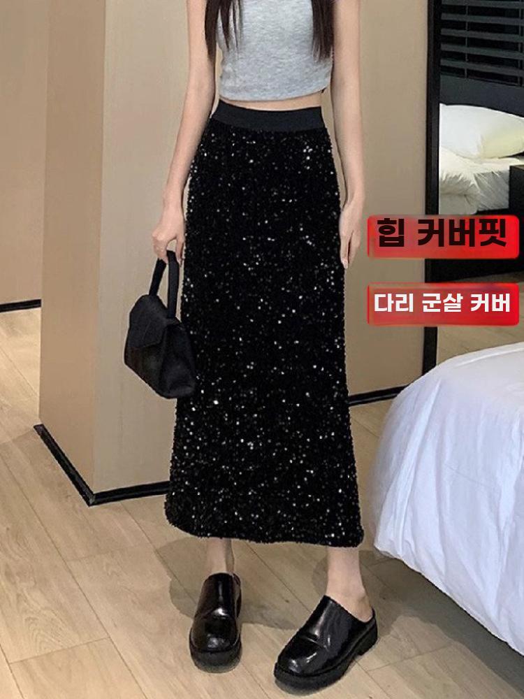 스팽글 롱스커트 반짝이 치마 벨벳 블랙 롱 스커트 검은 색 M - 상세 이미지 2