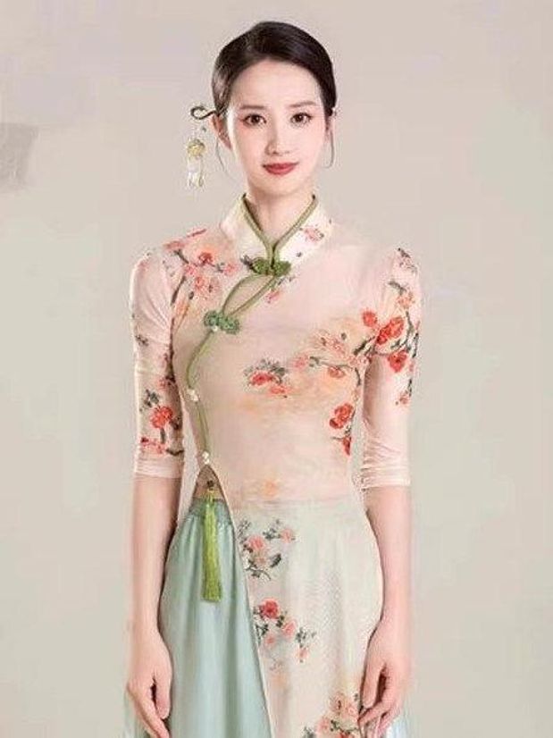 아오자이 전통 의상 상의 원피스 S 클라우드워터블루 스프링 플라워 가을 실 랭글런 그라데이션 그린 S - 상세 이미지 5
