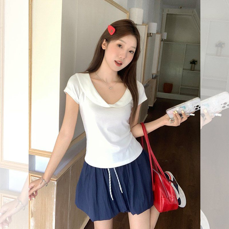 봄 여름 슬림핏 빅카라 반팔 티셔츠 데일리룩 페미닌룩 면스판 세일러카라 티셔츠 - 상세 이미지 5