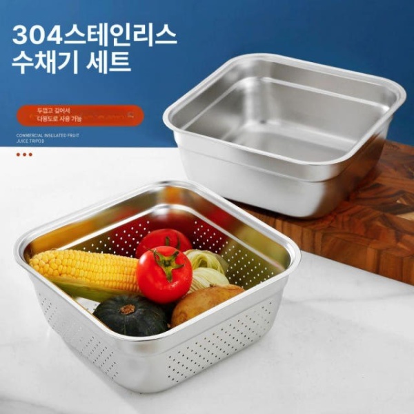프리미엄 사각 설거지통 스텐 40cm 세척용 26cm 체망 2개 볼 스테인레스 304 세척용 실린더 20cm - 상세 이미지 2
