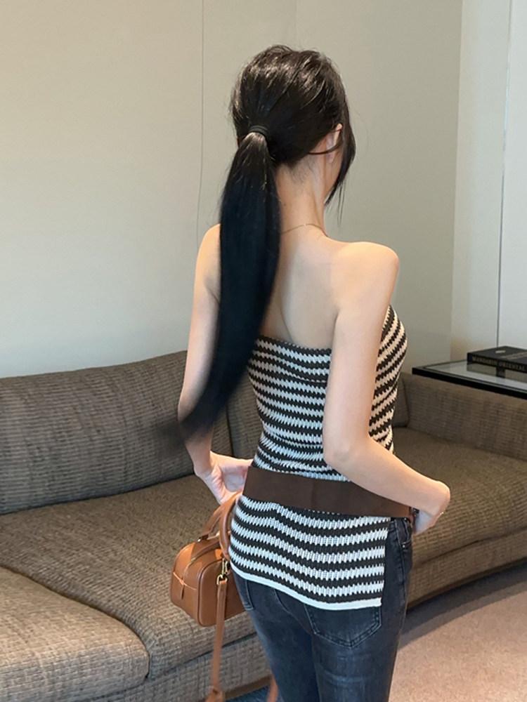 스트라이프 오프숄더 슬리브리스 벨트 포인트 레이어드 브라탑 - 상세 이미지 5