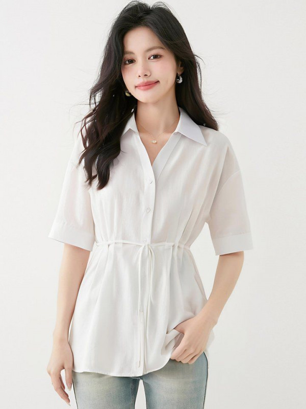여성 여름 루즈핏 허리스트링 셔링 반팔 셔츠 카라넥 블라우스 단추 여밈 데일리룩 화이트 - 상세 이미지 3