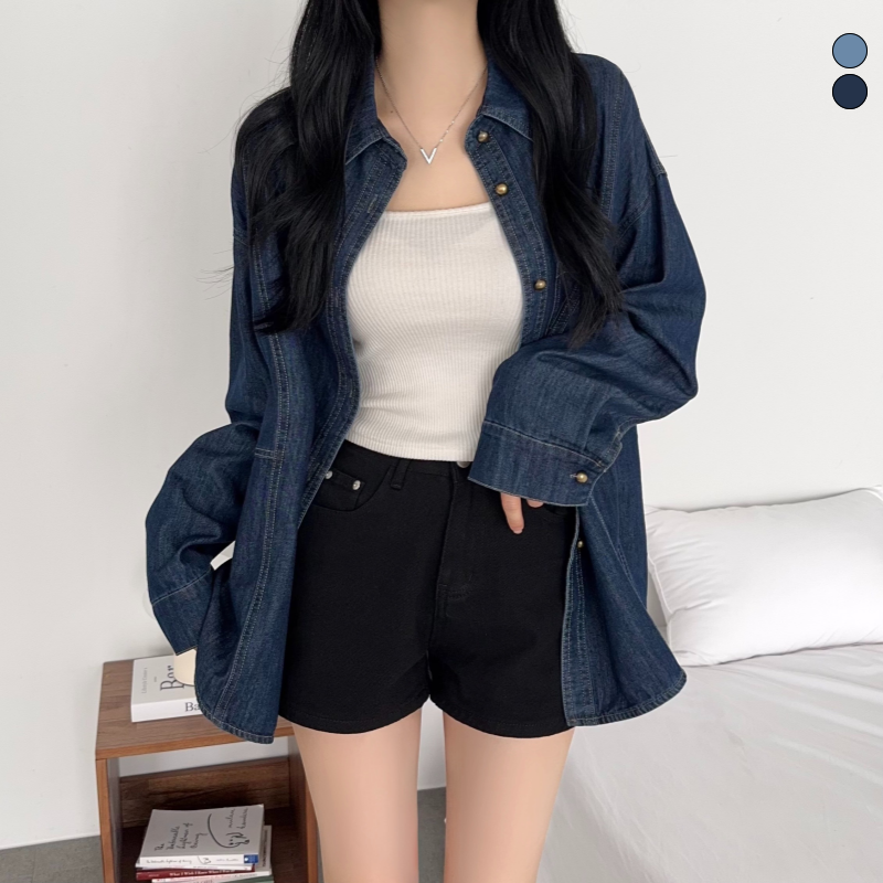 데님셔츠 스티치 금장단추 오버핏 청셔츠 - 상품 이미지
