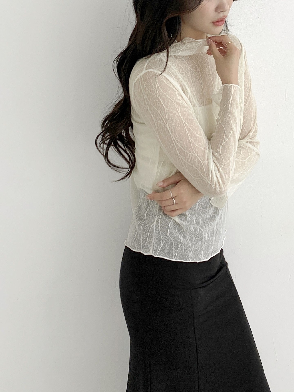 시스루블라우스 레이어드 망사 반목 반폴라 이너 티블라우스 이미지 6