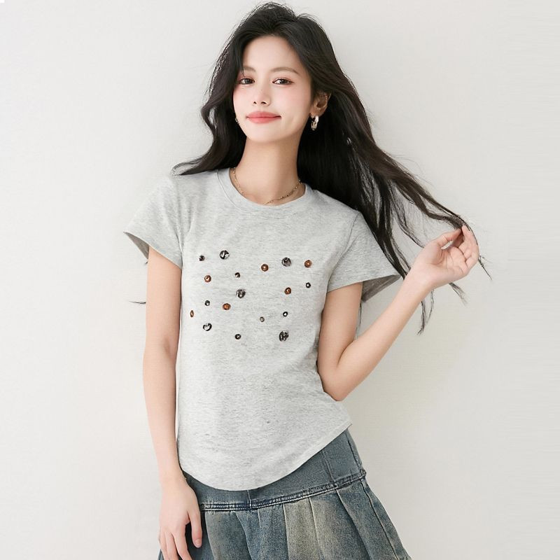 여름 여성 천연자개장식 반팔 티셔츠 라운드넥 슬림해보이는 데일리룩 캐주얼룩 그레이 - 상품 이미지