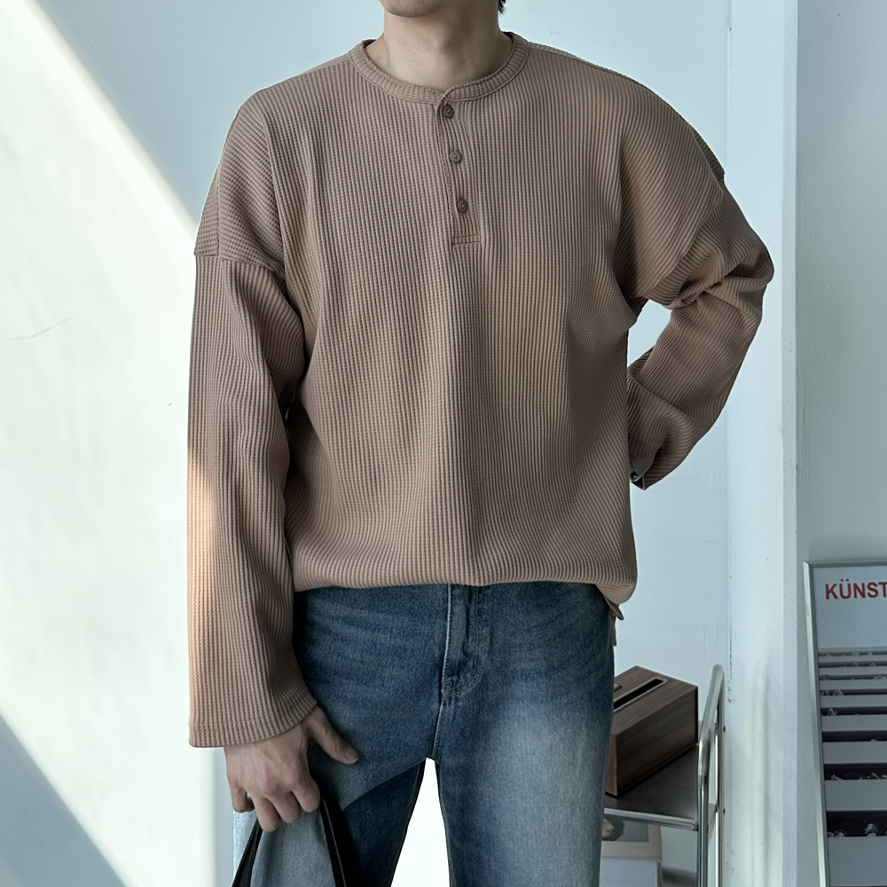 피케 헨리넥 티셔츠 구김없는 오버핏 정장 흰색 남자 긴팔티 - 상품 이미지
