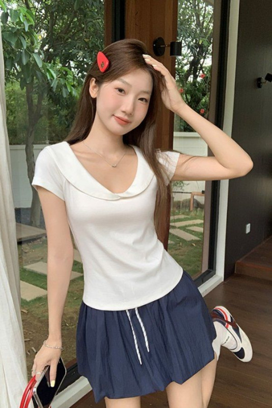 봄 여름 슬림핏 빅카라 반팔 티셔츠 데일리룩 페미닌룩 면스판 세일러카라 티셔츠 - 상세 이미지 2