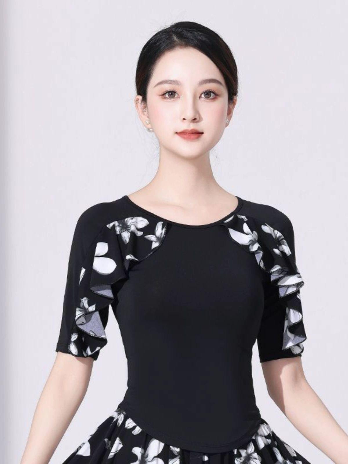 사교댄스복 반팔 여성 라틴 공연복 라인 줌바 댄스상의 버밀리언레드 플로럴 L - 상세 이미지 5