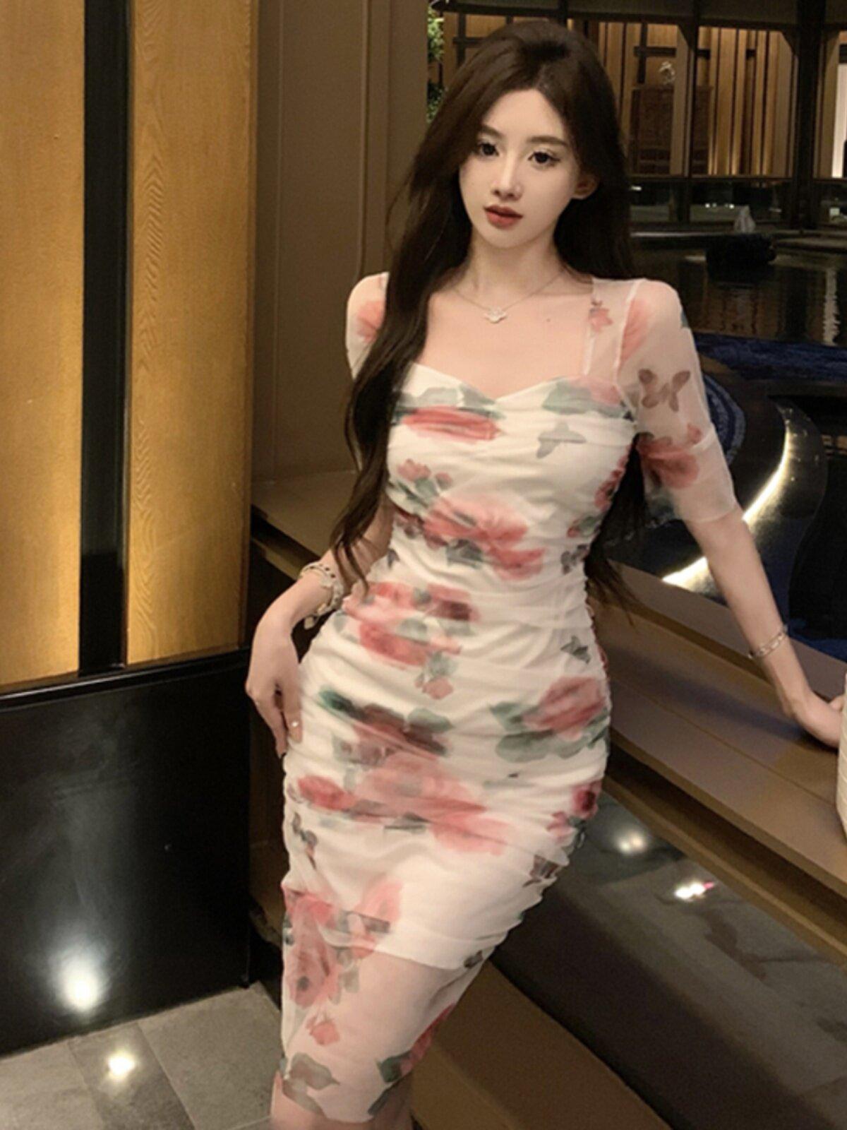 해변 휴양지 프렌치 스타일 플리츠 슬림핏 프린트 메쉬 미니 - 상세 이미지 3