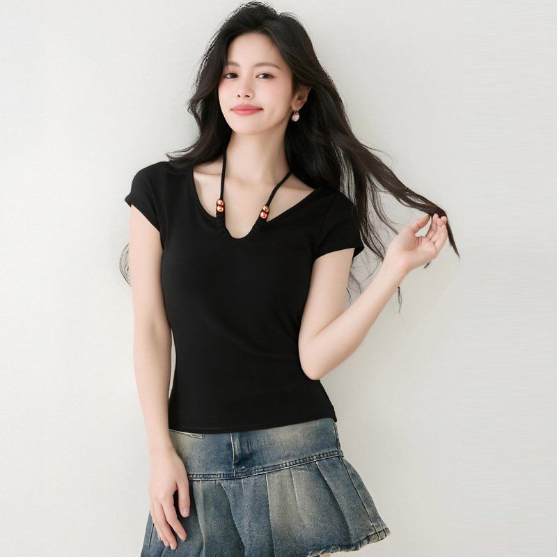 봄 여름 여성 브이넥 반팔티셔츠 백스트랩 슬림핏 홀터넥 데일리룩 캐주얼 면티셔츠 - 상품 이미지