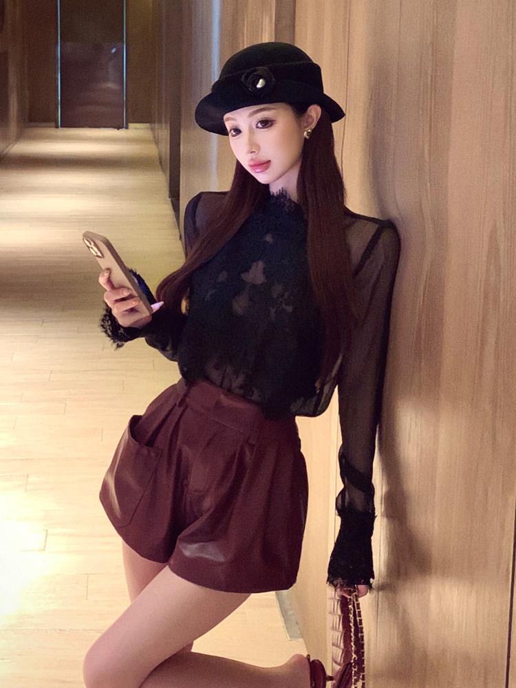 섹시 블랙 레이스 시스루 긴팔 상의 하이웨스트 와인레드 플라워 팬츠 스커트 세트 - 상품 이미지