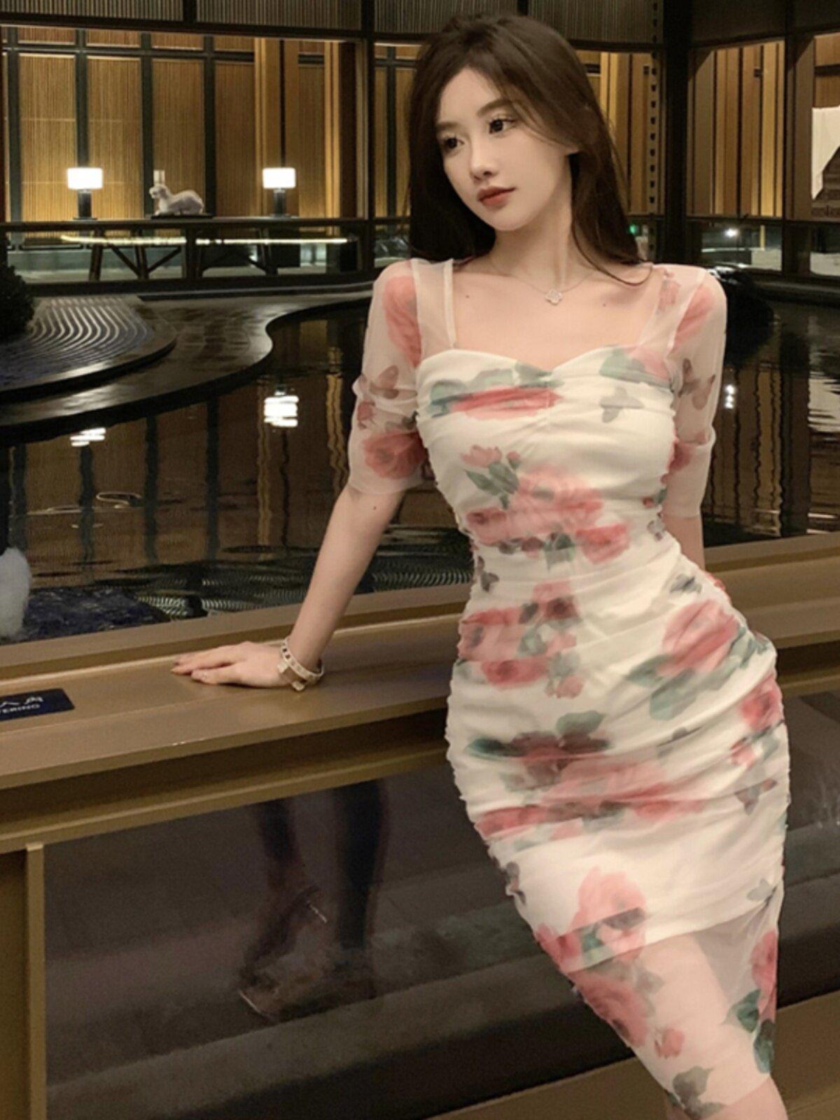 해변 휴양지 프렌치 스타일 플리츠 슬림핏 프린트 메쉬 미니 - 상세 이미지 2