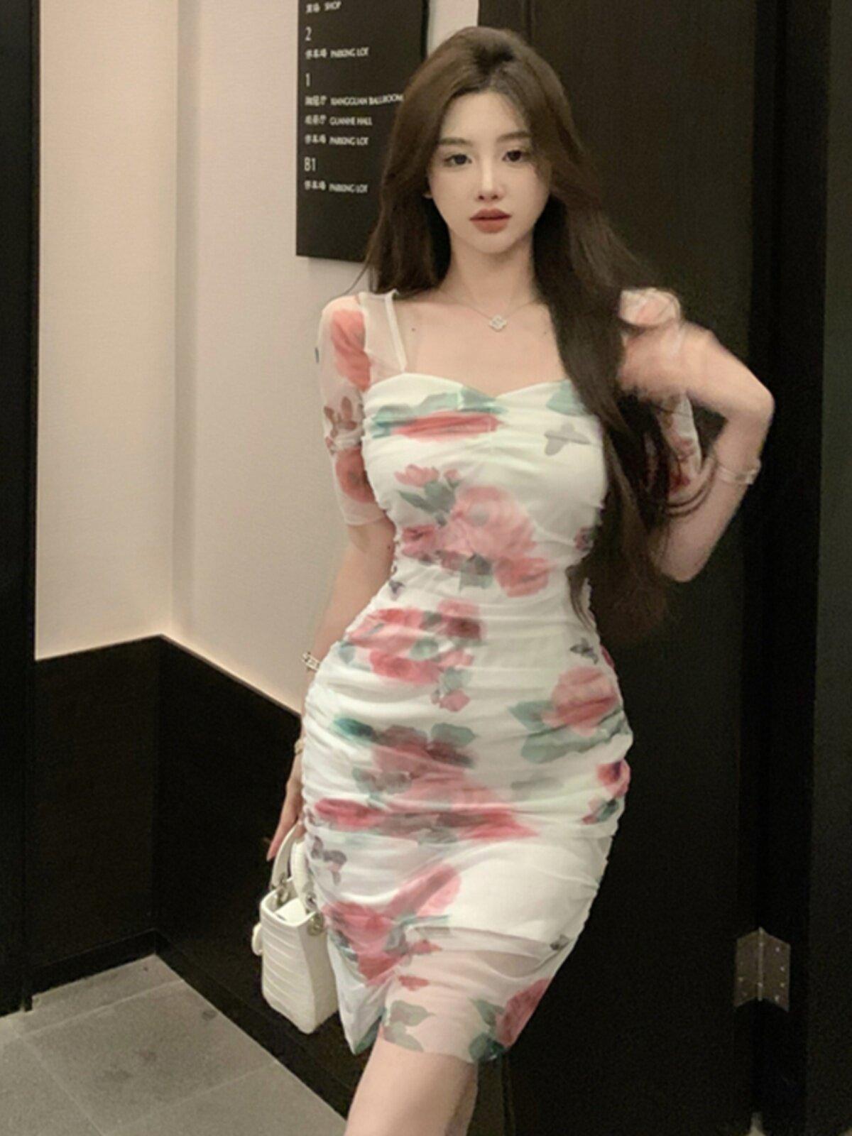 해변 휴양지 프렌치 스타일 플리츠 슬림핏 프린트 메쉬 미니 - 상세 이미지 4