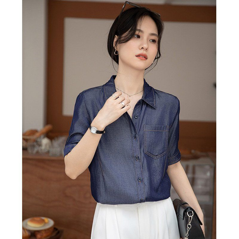 봄 여름 여성 브이넥 반팔셔츠 루즈핏 데님라이크 데일리룩 캐주얼 남방 포켓 면티 - 상세 이미지 3