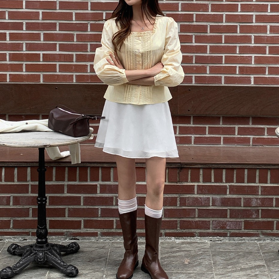 쉬폰 레이어드 플레어 미디 스커트 - 상세 이미지 4