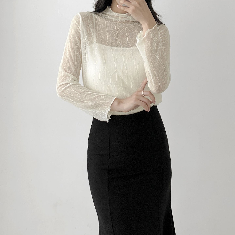 시스루블라우스 레이어드 망사 반목 반폴라 이너 티블라우스 - 상품 이미지