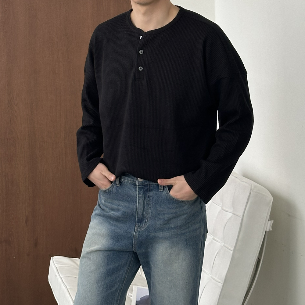 피케 헨리넥 티셔츠 구김없는 오버핏 정장 흰색 남자 긴팔티 - 상세 이미지 3
