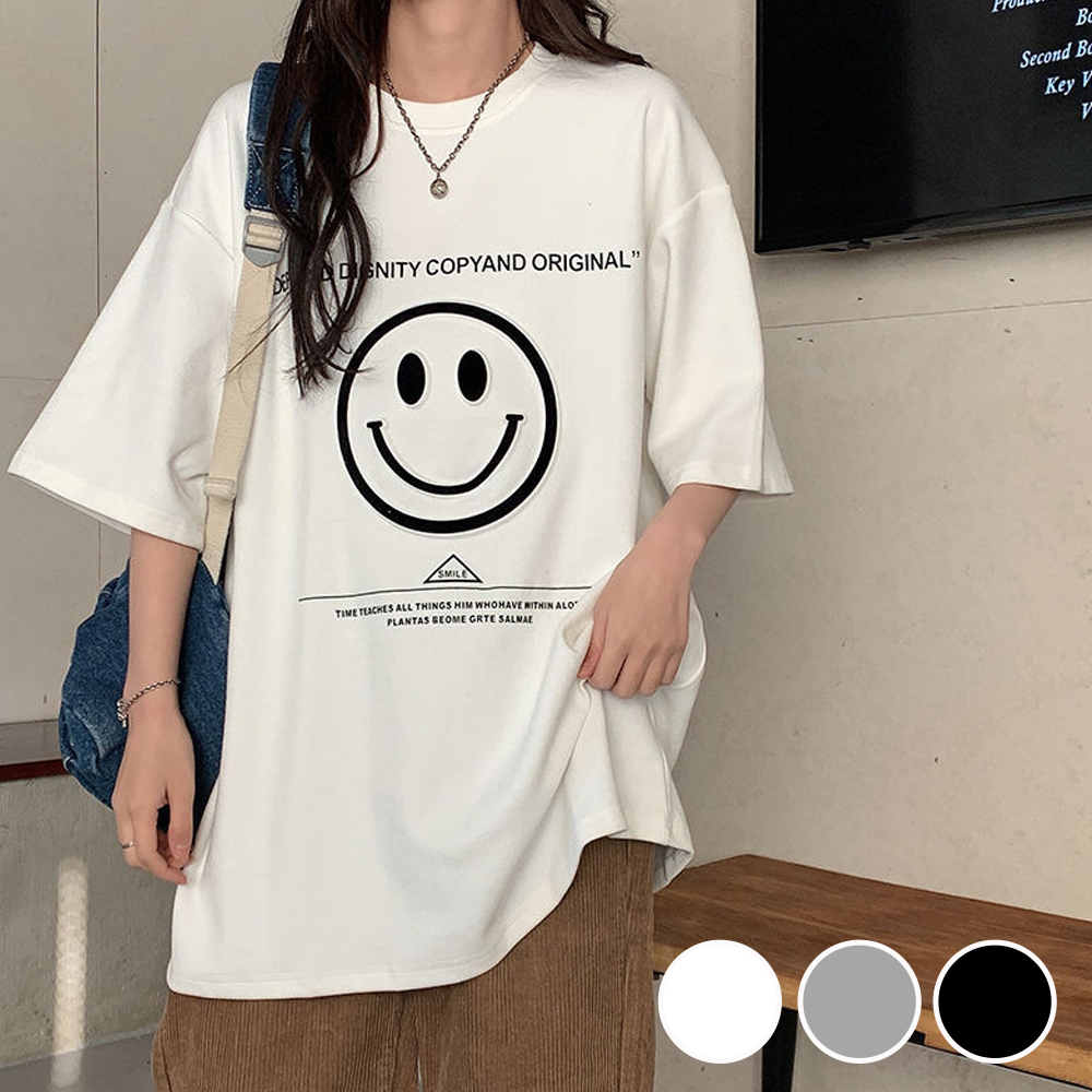 귀여운 스마일 영문 레터링 여름 여성 반팔 티셔츠 - 상품 이미지